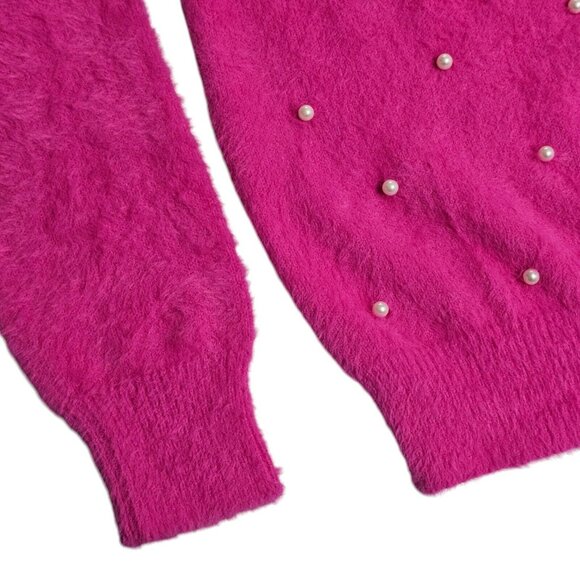 NWT Nanette Lepore Sweater Fuzzy Bright Pink Faux Pearl Womens M Embellished - Picture 2 of 7